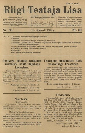 Riigi Teataja Lisa : seaduste alustel avaldatud teadaanded ; 80 1929-10-11