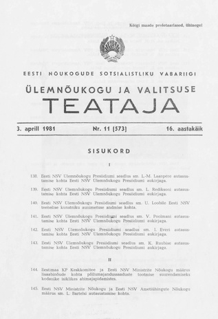 Eesti Nõukogude Sotsialistliku Vabariigi Ülemnõukogu ja Valitsuse Teataja ; 11 (573) 1981-04-03