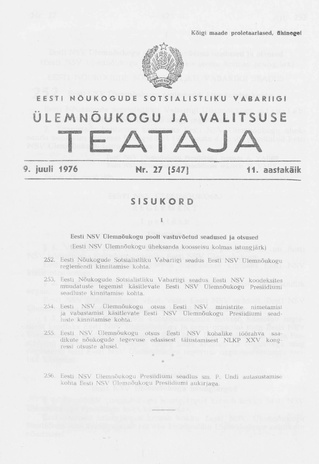 Eesti Nõukogude Sotsialistliku Vabariigi Ülemnõukogu ja Valitsuse Teataja ; 27 (547) 1976-07-09