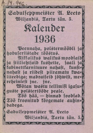 Sadulseppmeister A. Leeto Viljandis : kalender 1936 ; 1935