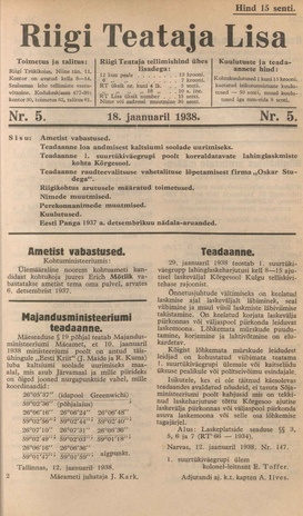 Riigi Teataja Lisa : seaduste alustel avaldatud teadaanded ; 5 1938-01-18