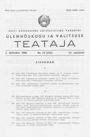 Eesti Nõukogude Sotsialistliku Vabariigi Ülemnõukogu ja Valitsuse Teataja ; 32 (767) 1986-10-03