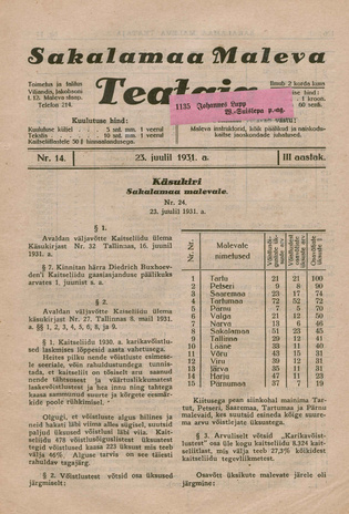 Sakalamaa Maleva Teataja ; 14 1931-07-23