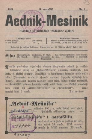 Aednik - Mesinik ; 1 1921