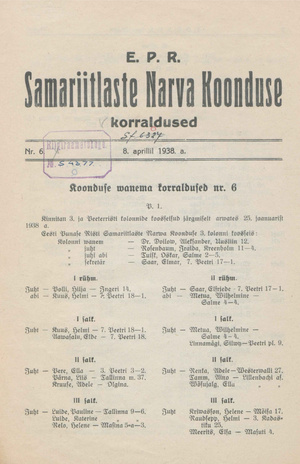EPR Samariitlaste Narva Koonduse korraldused ; 6 1938-04-08