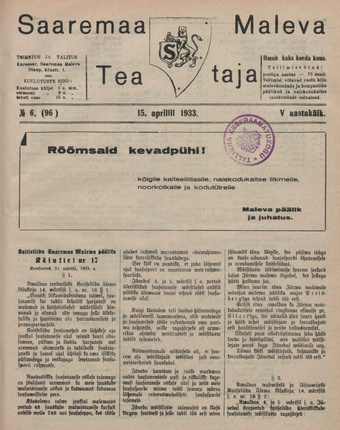 Saaremaa Maleva Teataja ; 6 (96) 1933-04-15