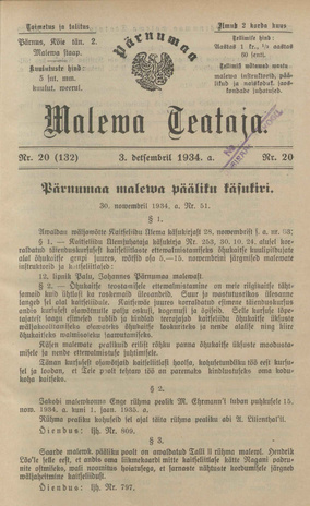 Pärnumaa Maleva Teataja ; 20 (132) 1934-12-03