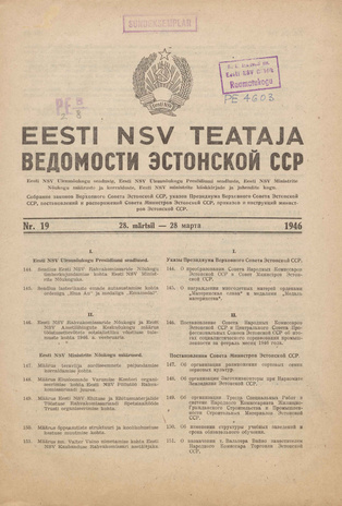 Eesti NSV Teataja = Ведомости Эстонской ССР ; 19 1946-03-28