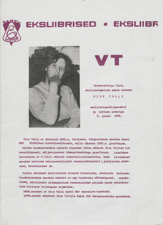 Vive Tolli : eksliibrised : tööde näitus : kataloog 9. juunil 1978 