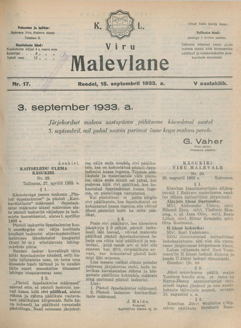 K. L. Viru Malevlane ; 17 1933-09-15