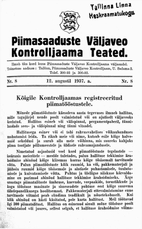 Piimasaaduste Väljaveo Kontrolljaama Teated ; 8 1937-08-12