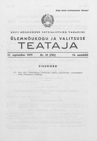 Eesti Nõukogude Sotsialistliku Vabariigi Ülemnõukogu ja Valitsuse Teataja ; 35 (702) 1979-09-21