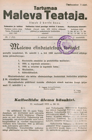 Tartumaa Maleva Teataja ; 5 (92) 1933-03-03