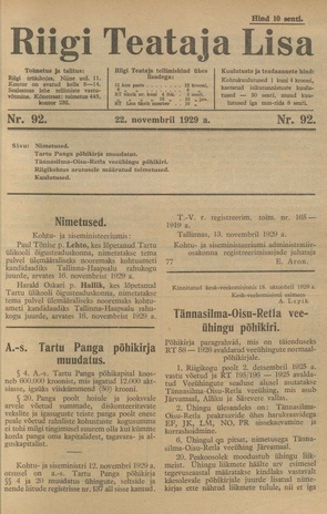 Riigi Teataja Lisa : seaduste alustel avaldatud teadaanded ; 92 1929-11-22