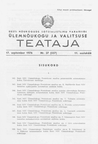 Eesti Nõukogude Sotsialistliku Vabariigi Ülemnõukogu ja Valitsuse Teataja ; 37 (557) 1976-09-17