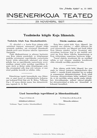Insenerikoja Teated : ajakiri ; 11 1937-11-29