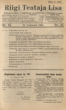 Riigi Teataja Lisa : seaduste alustel avaldatud teadaanded ; 15 1938-02-18