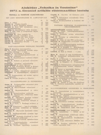 Tehnika ja Tootmine ; sisukord 1972