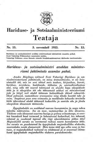 Hariduse- ja Sotsiaalministeeriumi Teataja ; 13 1933-11-03