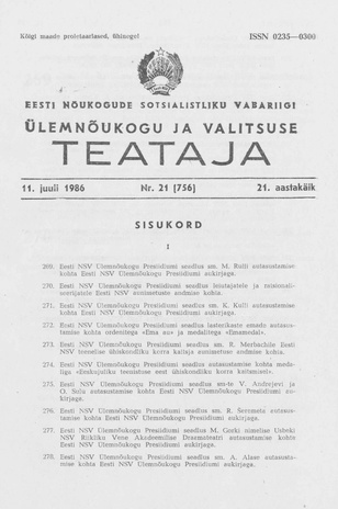 Eesti Nõukogude Sotsialistliku Vabariigi Ülemnõukogu ja Valitsuse Teataja ; 21 (756) 1986-07-11