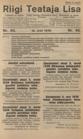 Riigi Teataja Lisa : seaduste alustel avaldatud teadaanded ; 40 1938-05-10