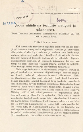 Jooni nüüdisaja teaduste arengust ja rakendusest : Eesti Teaduste Akadeemia avamisaktusel Tallinnas, 22. okt. 1938. a. peetud kõne