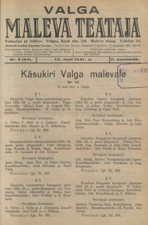 Valga Maleva Teataja ; 9 (54) 1931-05-15