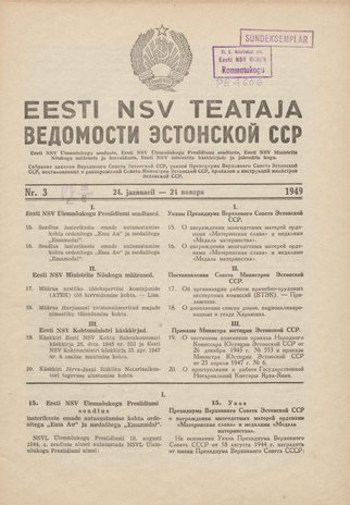 Eesti NSV Teataja = Ведомости Эстонской ССР ; 3 1949-01-24
