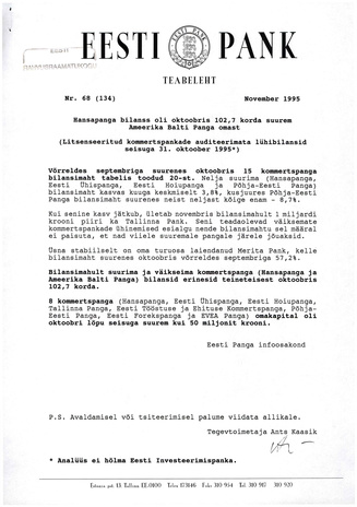 Eesti Pank : teabeleht ; 68 (134) 1995-11