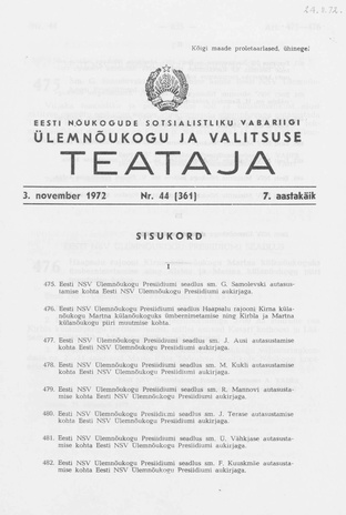 Eesti Nõukogude Sotsialistliku Vabariigi Ülemnõukogu ja Valitsuse Teataja ; 44 (361) 1972-11-03
