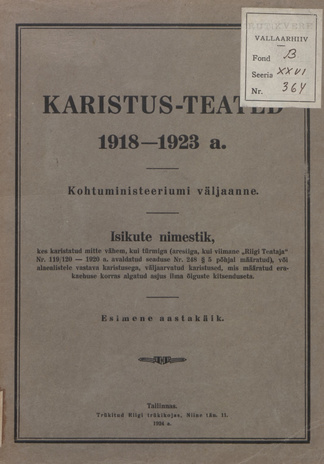 Karistusteated ; 1918-1923 1924
