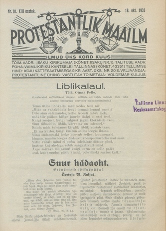 Protestantlik Maailm : Usu- ja kirikuküsimusi käsitlev vabameelne ajakiri ; 10 1935-10-18