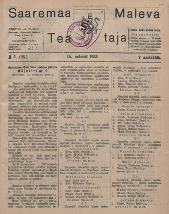 Saaremaa Maleva Teataja ; 5 (95) 1933-03-15
