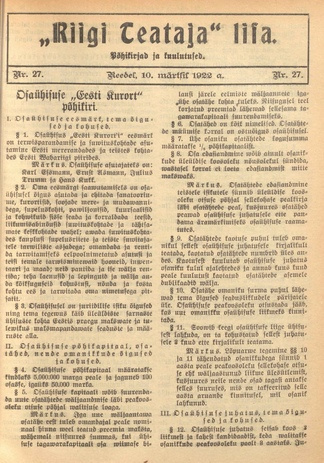 Riigi Teataja Lisa : seaduste alustel avaldatud teadaanded ; 27 1922-03-10