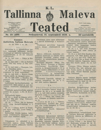 K. L. Tallinna Maleva Teated ; 25 (409) 1939-09-21