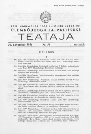 Eesti Nõukogude Sotsialistliku Vabariigi Ülemnõukogu ja Valitsuse Teataja ; 53 1966-11-30