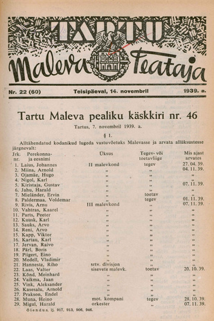 Tartu Maleva Teataja ; 22 (60) 1939-11-14