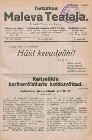 Tartumaa Maleva Teataja ; 7/8 (94/95) 1933-04-12