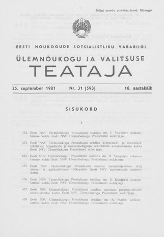 Eesti Nõukogude Sotsialistliku Vabariigi Ülemnõukogu ja Valitsuse Teataja ; 31 (593) 1981-09-25