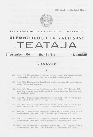 Eesti Nõukogude Sotsialistliku Vabariigi Ülemnõukogu ja Valitsuse Teataja ; 48 (568) 1976-12-03