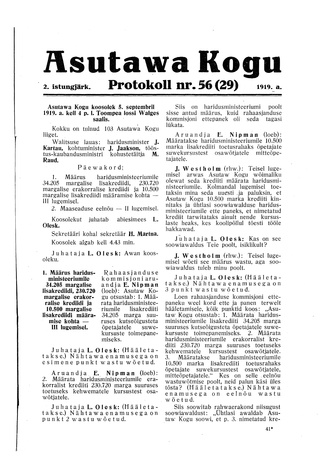 Asutawa Kogu protokoll nr.56 (29) (5. september 1919)