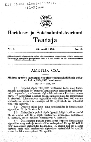 Hariduse- ja Sotsiaalministeeriumi Teataja ; 8 1934-05-25