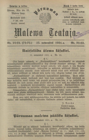 Pärnumaa Maleva Teataja ; 21-22 (71-72) 1931-11-25