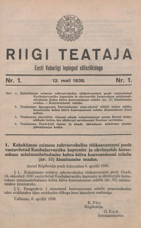 Riigi Teataja. Eesti Vabariigi lepingud välisriikidega ; 1 1938-05-13
