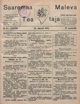 Saaremaa Maleva Teataja ; 6/7 (119/120) 1934-03-20