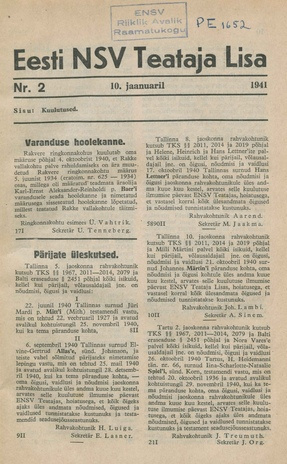 Eesti NSV Teataja lisa ; 2 1941-01-10