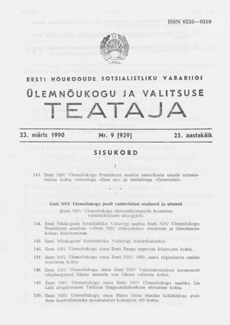 Eesti Nõukogude Sotsialistliku Vabariigi Ülemnõukogu ja Valitsuse Teataja ; 9 (929) 1990-03-23