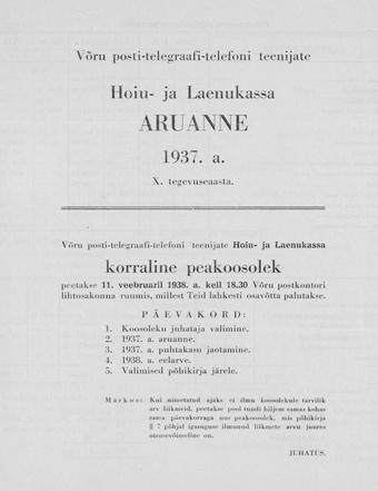 Võru Posti-Telegraafi-Telefoni Teenijate Hoiu- ja Laenukassa aruanne 1937. a.