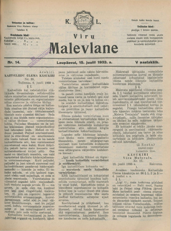 K. L. Viru Malevlane ; 14 1933-07-15