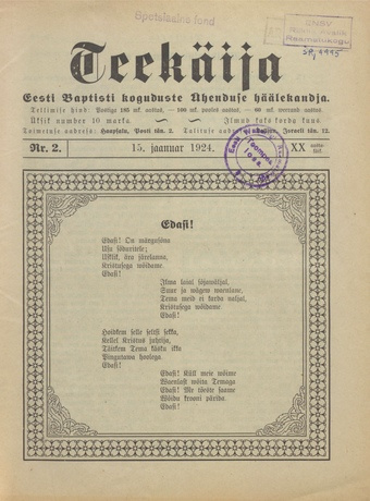 Teekäija : Eesti Baptisti Koguduse Ühenduse häälekandja ; 2 1924-01-15